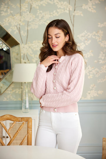 Blush Cable Knit Cardigan with Ric-Rac Trim