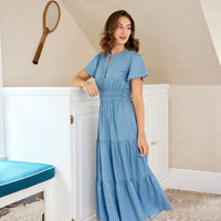 Chambray Cinched Waist Midi Dress