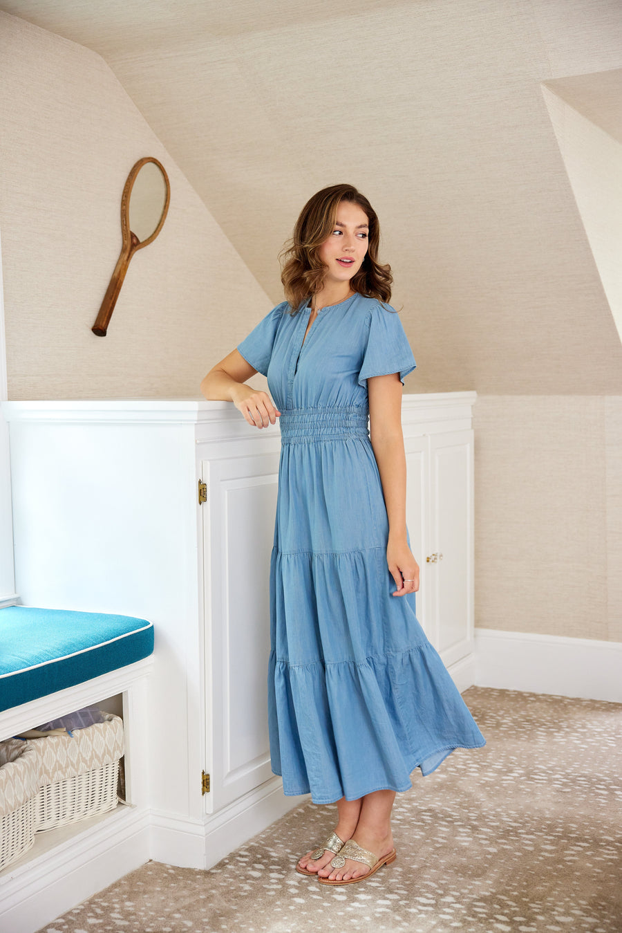 Chambray Cinched Waist Midi Dress