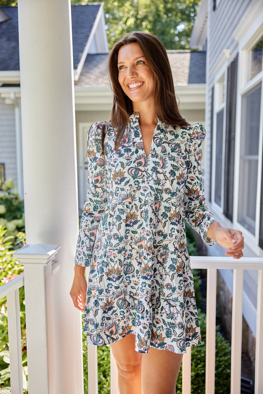 French Floral Long Sleeve Tunic Flare Dress