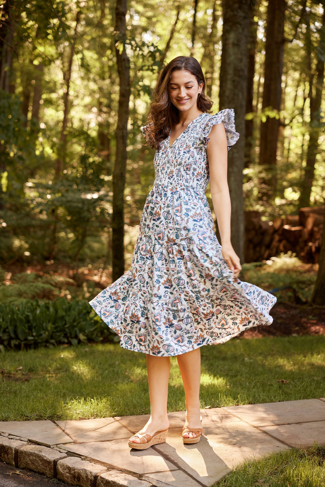 French Floral V-Neck Smocked Midi Dress