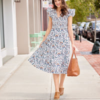 French Floral V-Neck Smocked Midi Dress