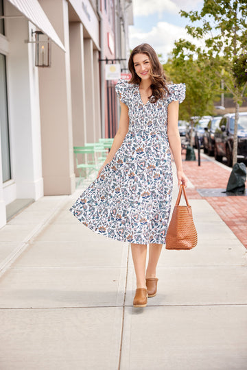 French Floral V-Neck Smocked Midi Dress