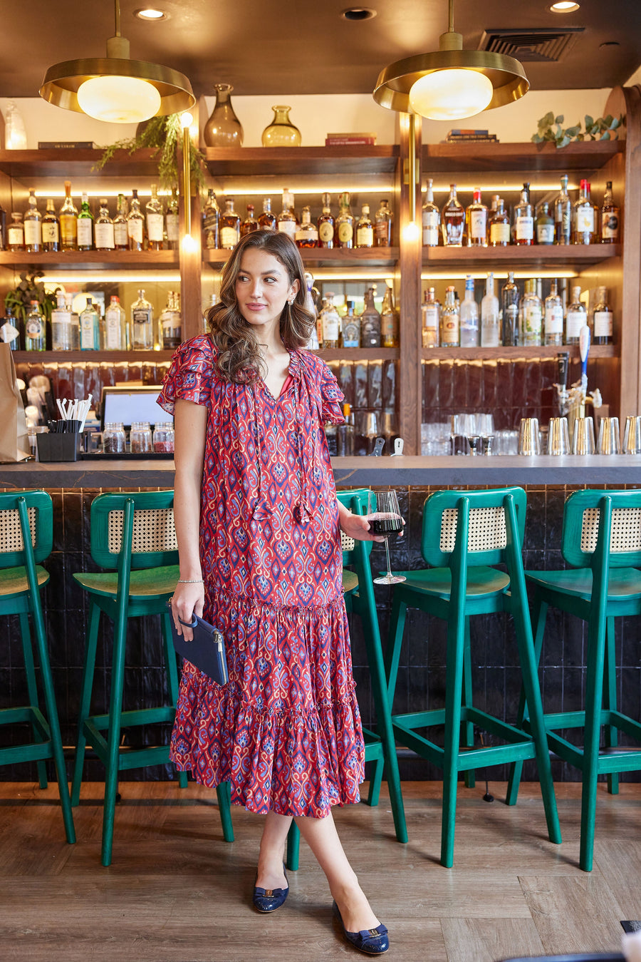 Crimson Ikat Ruffle Neck Midi with Tassels