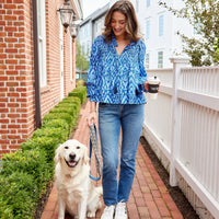 Blue Ikat Ruffle Neck Top with Tassels