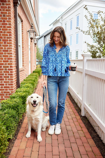 Blue Ikat Ruffle Neck Top with Tassels