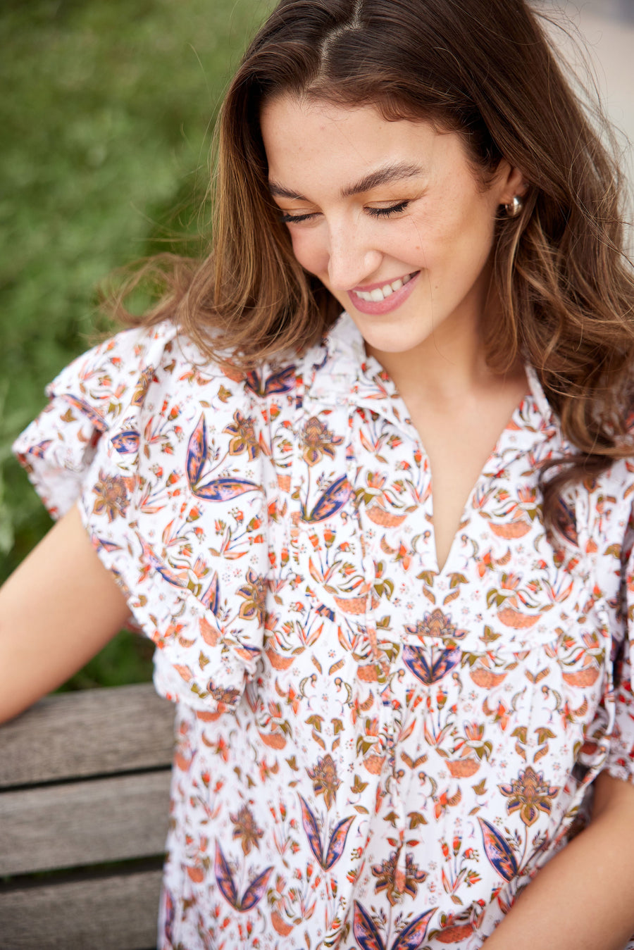 Chestnut Batik Ruffle Sleeve Top