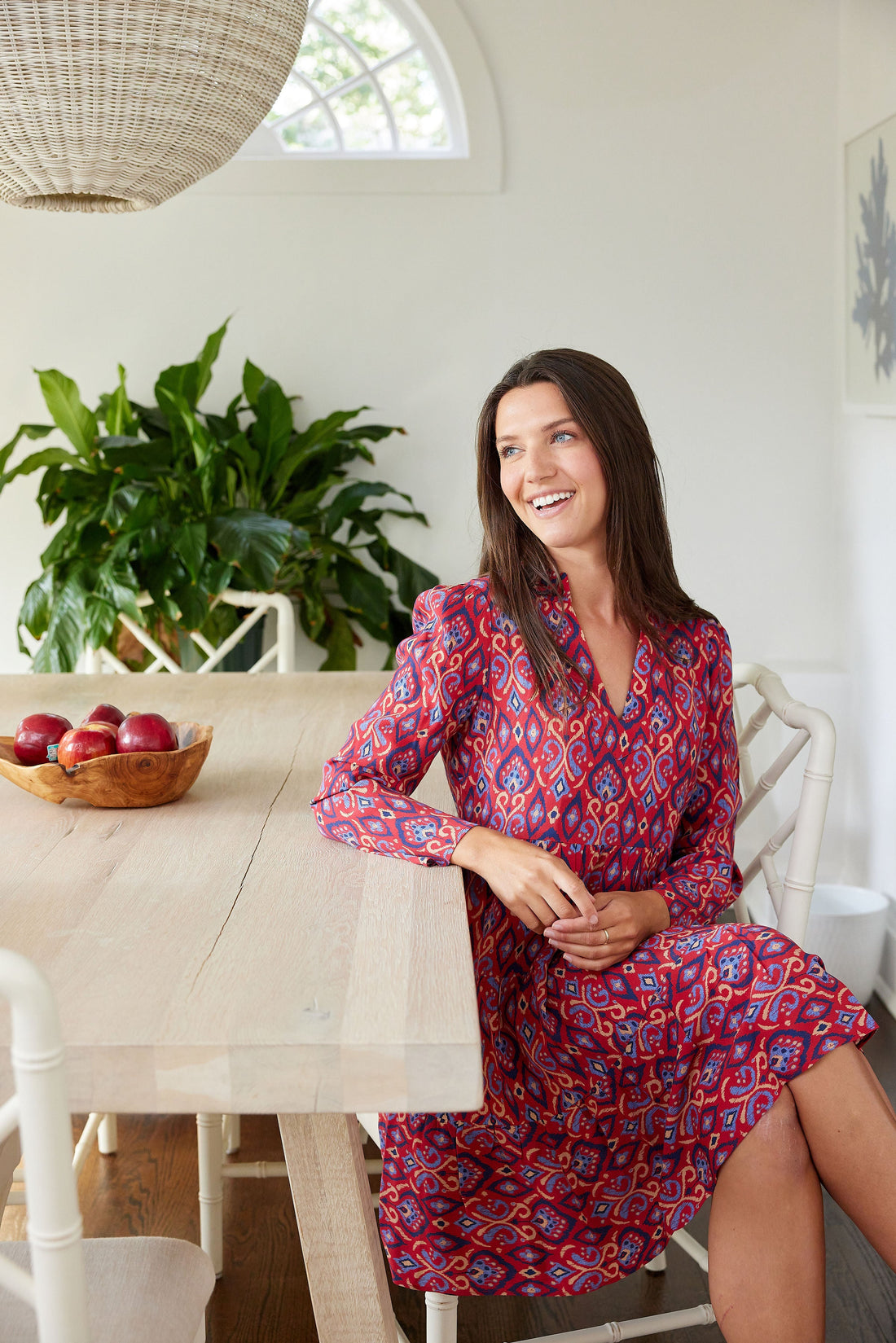 Crimson Ikat Long Sleeve Tunic Flare Dress