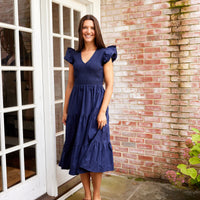 Navy Smocked Flutter Sleeve Midi Dress