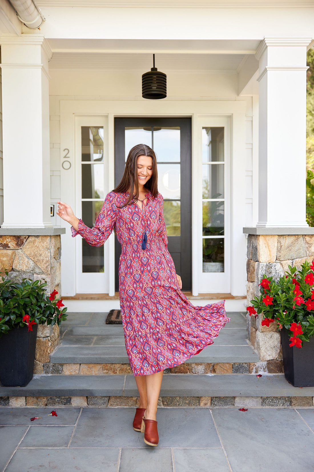 Crimson Ikat Smocked Waist Midi Dress