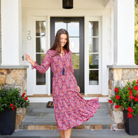 Crimson Ikat Smocked Waist Midi Dress