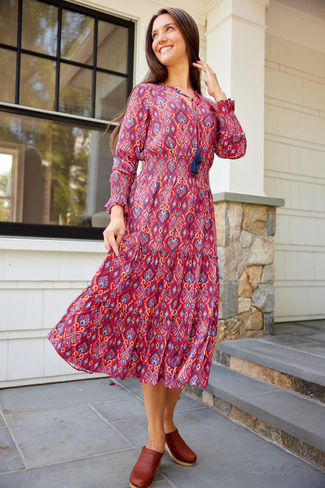 Crimson Ikat Smocked Waist Midi Dress