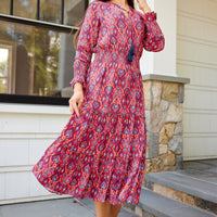 Crimson Ikat Smocked Waist Midi Dress