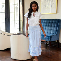 Blue & White Stripe Smocked Waist Midi Skirt