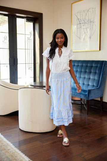 Blue & White Stripe Smocked Waist Midi Skirt