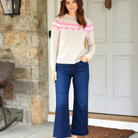 Camel & Hibiscus Fair Isle Crew Neck Sweater