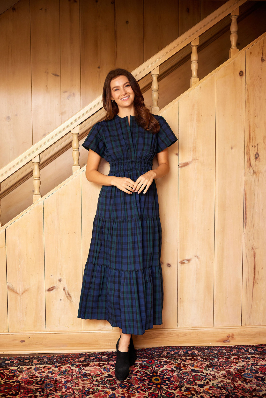 Blackwatch Tartan Cinched Waist Midi Dress