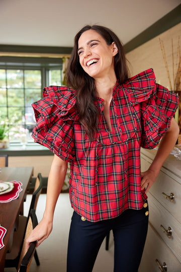 Red Tartan Ruffle Sleeve Top