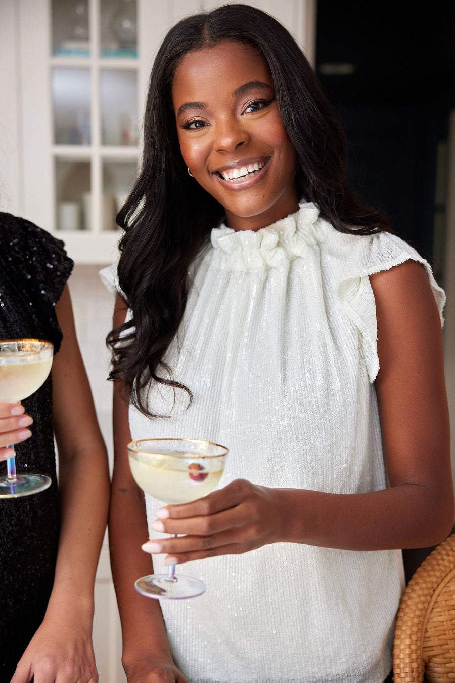 Winter White Sequin Ruffle Neck Top