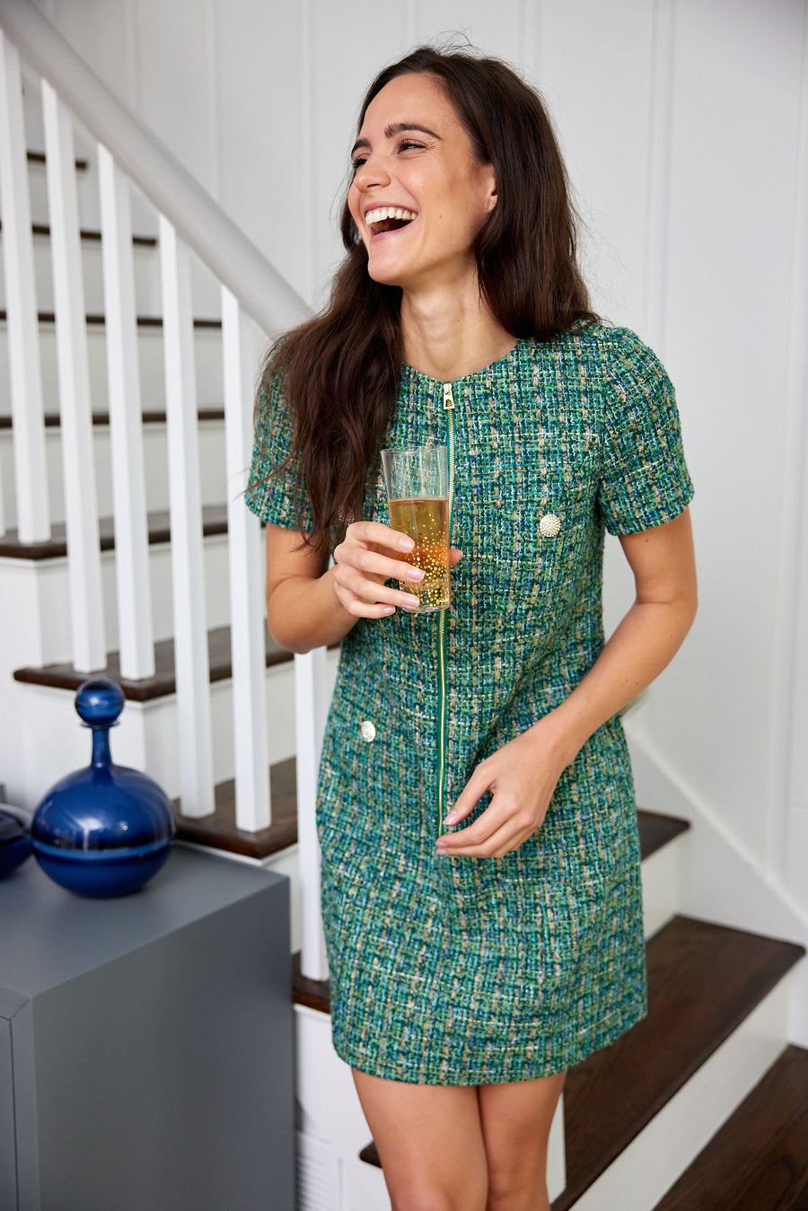 Green Multi Tweed Zip Front Dress