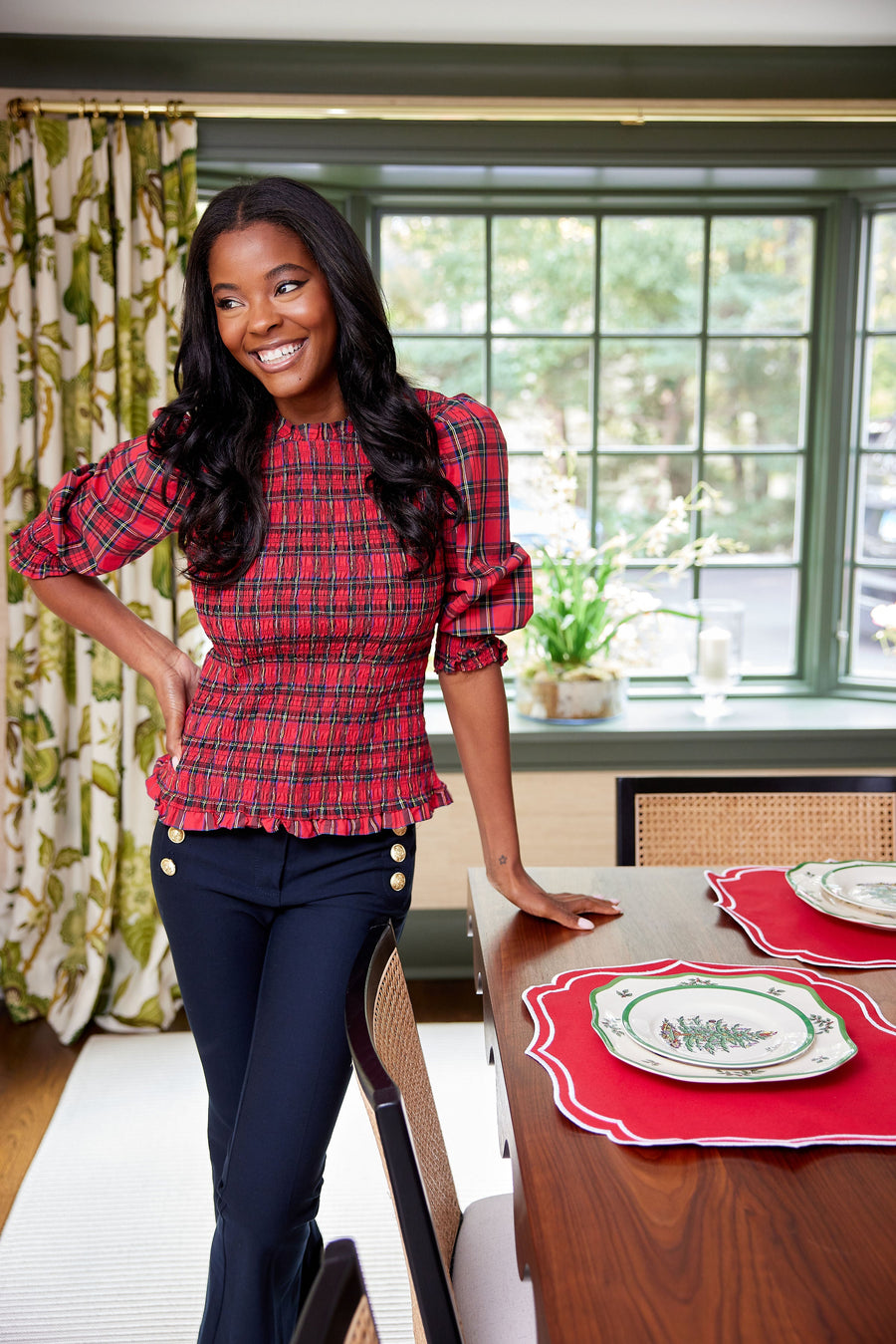 Red Tartan Long Sleeve Smocked Top