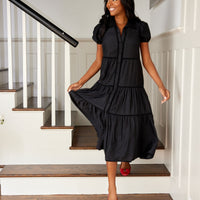 Black Puff Sleeve Midi Shirt Dress