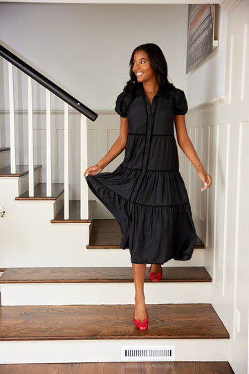 Black Puff Sleeve Midi Shirt Dress