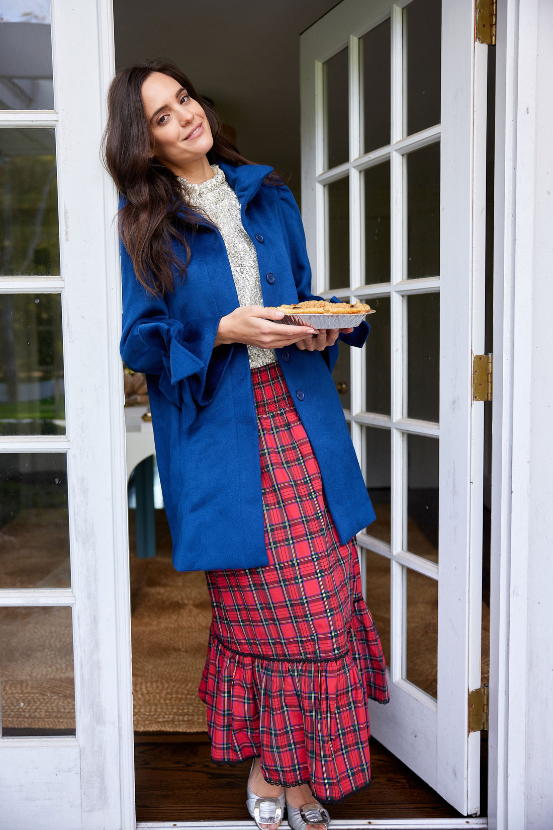 Red Tartan Smocked Waist Midi Skirt