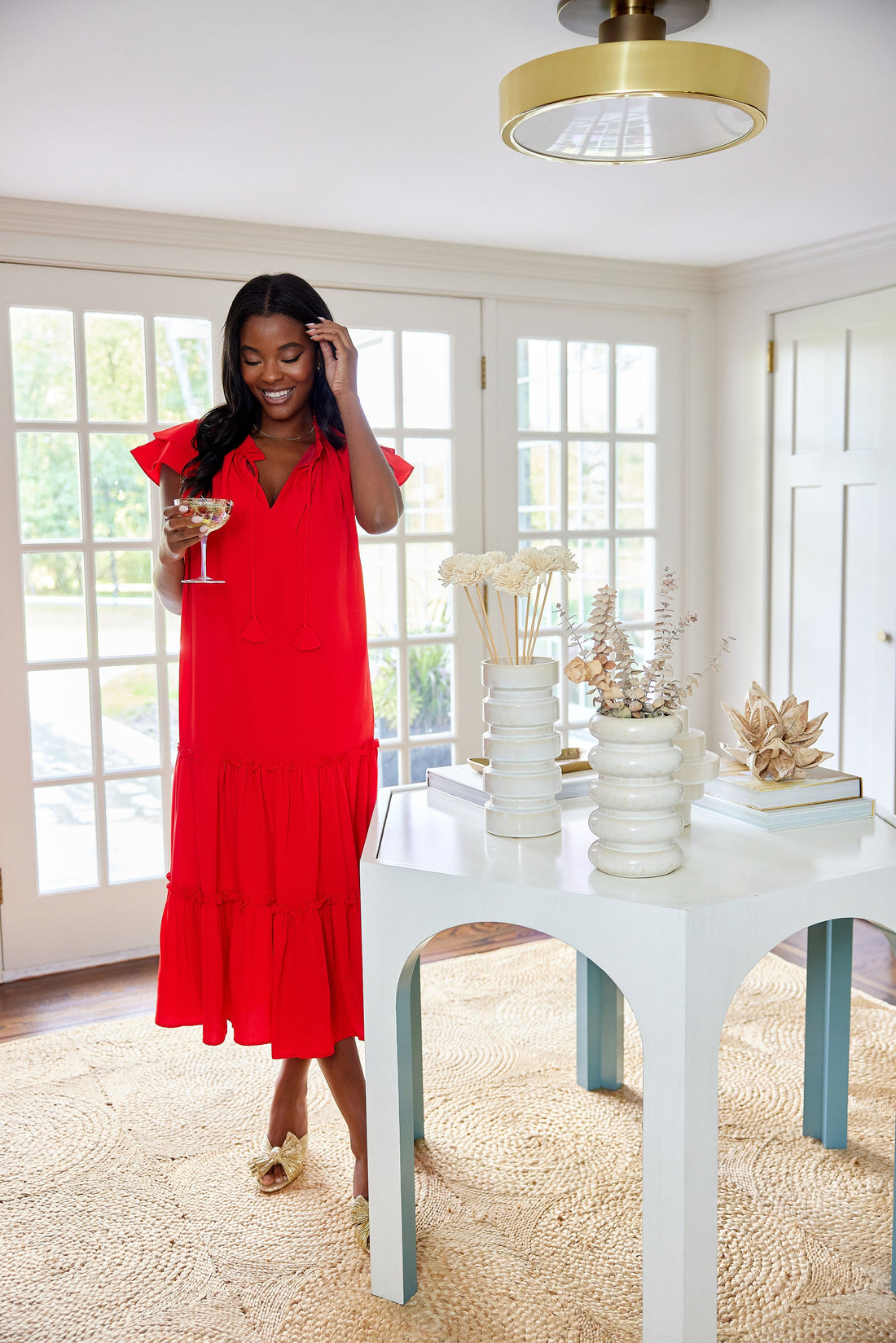 Red Ruffle Neck Midi with Tassels