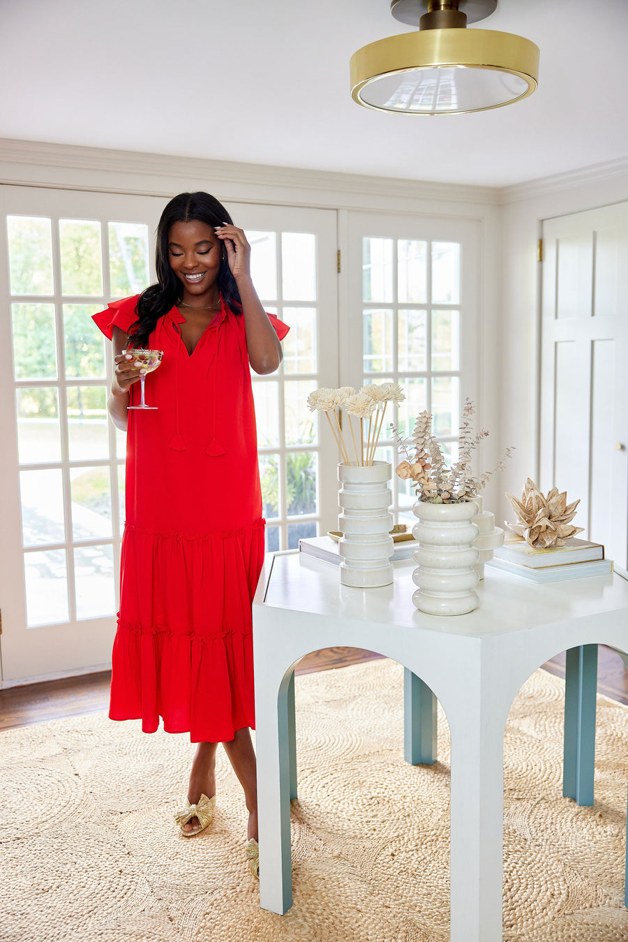 Red Ruffle Neck Midi with Tassels