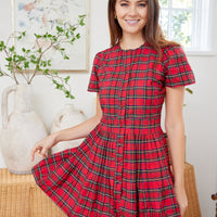 Red Tartan Pleated Button Front Dress