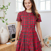 Red Tartan Pleated Button Front Dress