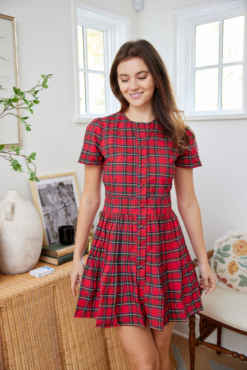 Red Tartan Pleated Button Front Dress