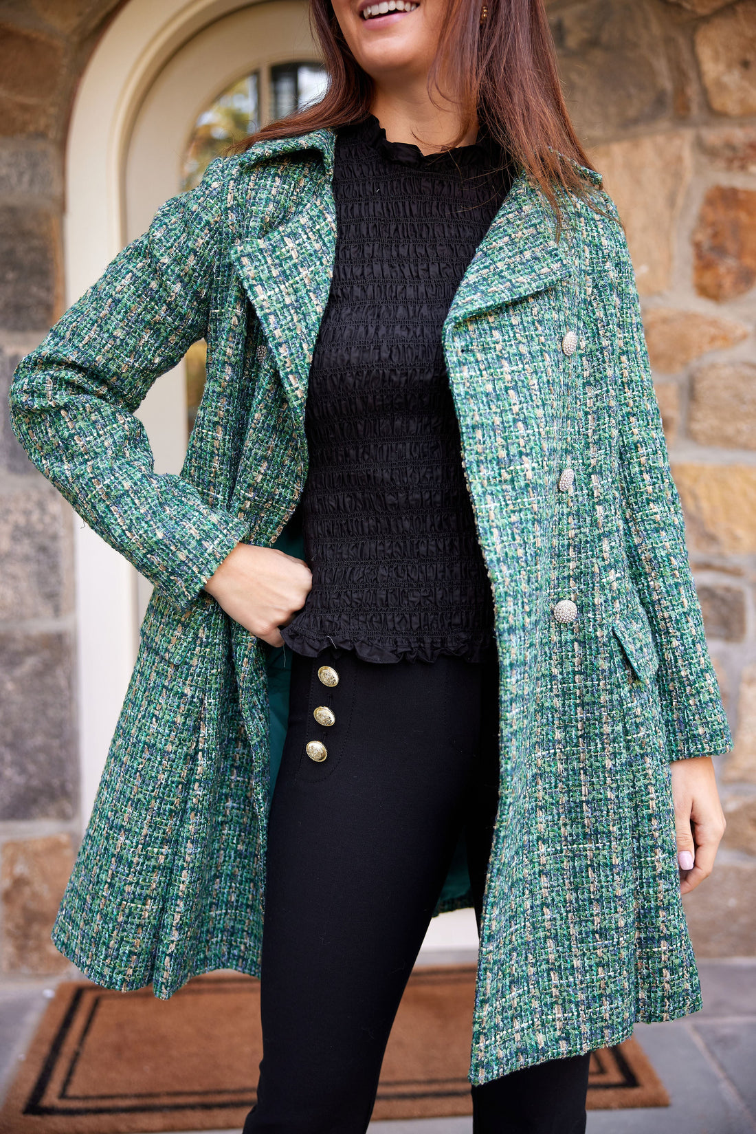 Green Multi Tweed Button Front Coat