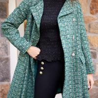 Green Multi Tweed Button Front Coat