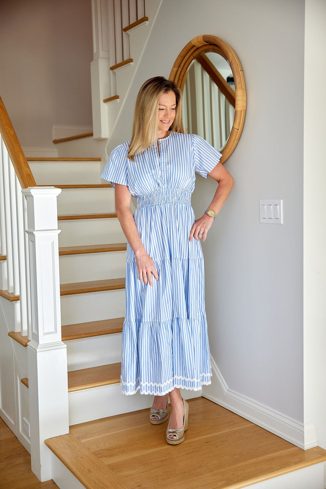 Blue & White Stripe Cinched Waist Midi Dress