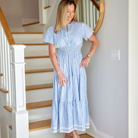 Blue & White Striped Cinched Waist Midi Dress