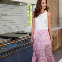 Pink Baroque Floral Smocked Waist Midi Skirt