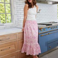 Pink Baroque Floral Smocked Waist Midi Skirt