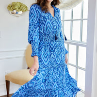 Blue Ikat Smocked Waist Midi Dress with Tassels