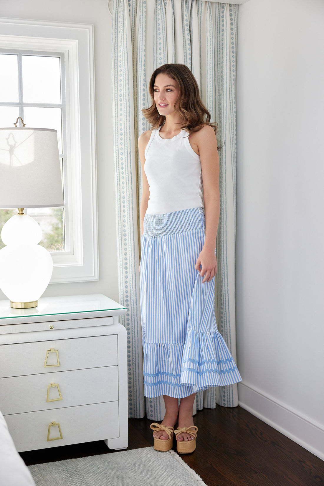 Blue & White Stripe Smocked Waist Midi Skirt