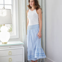 Blue & White Stripe Smocked Waist Midi Skirt