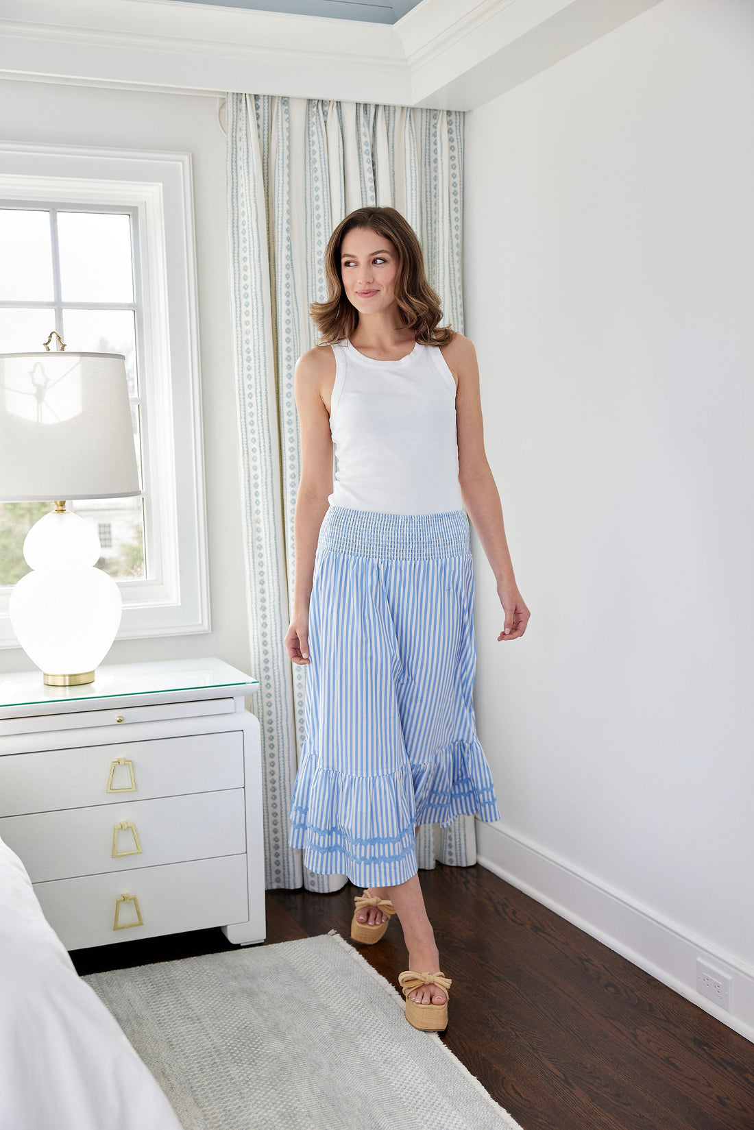 Blue & White Stripe Smocked Waist Midi Skirt