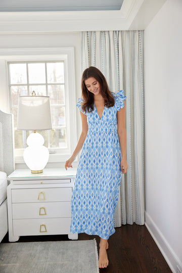 Blue Ikat Flutter Sleeve V-Neck Maxi Dress