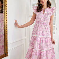 Pink Baroque Floral Flutter Sleeve Ric-Rac Midi Dress