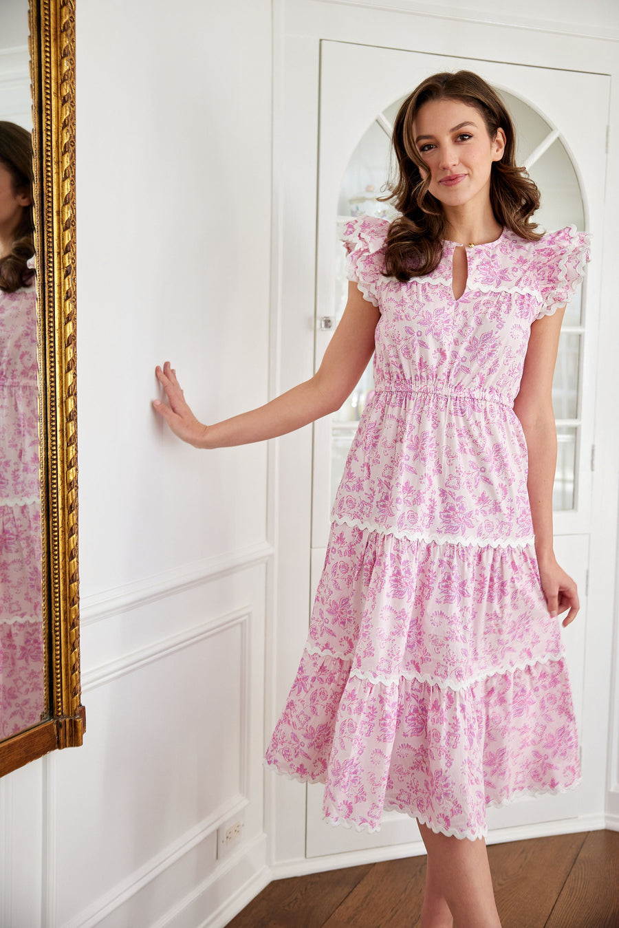 Pink Baroque Floral Flutter Sleeve Ric-Rac Midi Dress