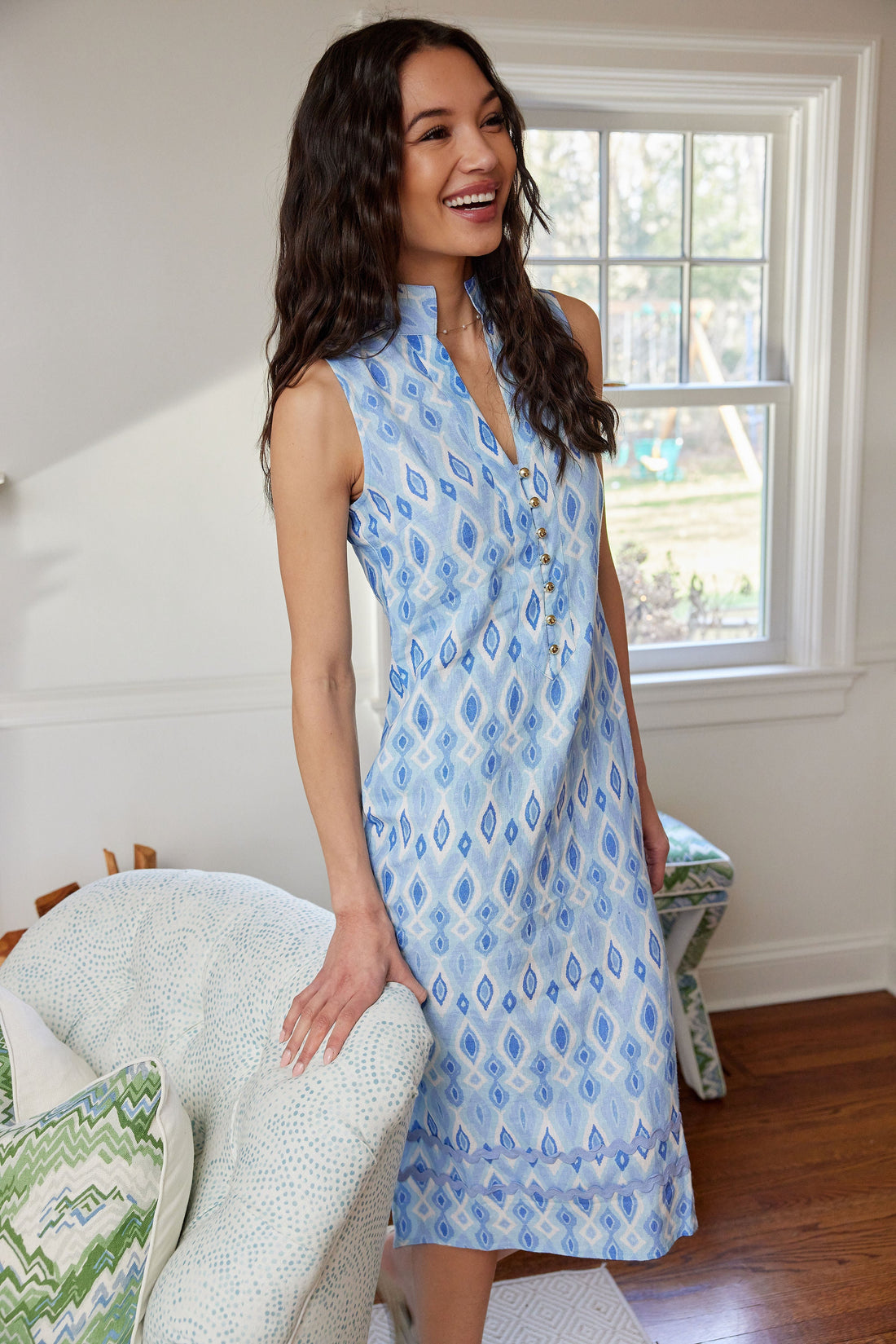 Blue Ikat Sleeveless Button Front Midi Tunic