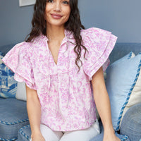 Pink Baroque Floral Ruffle Sleeve Top