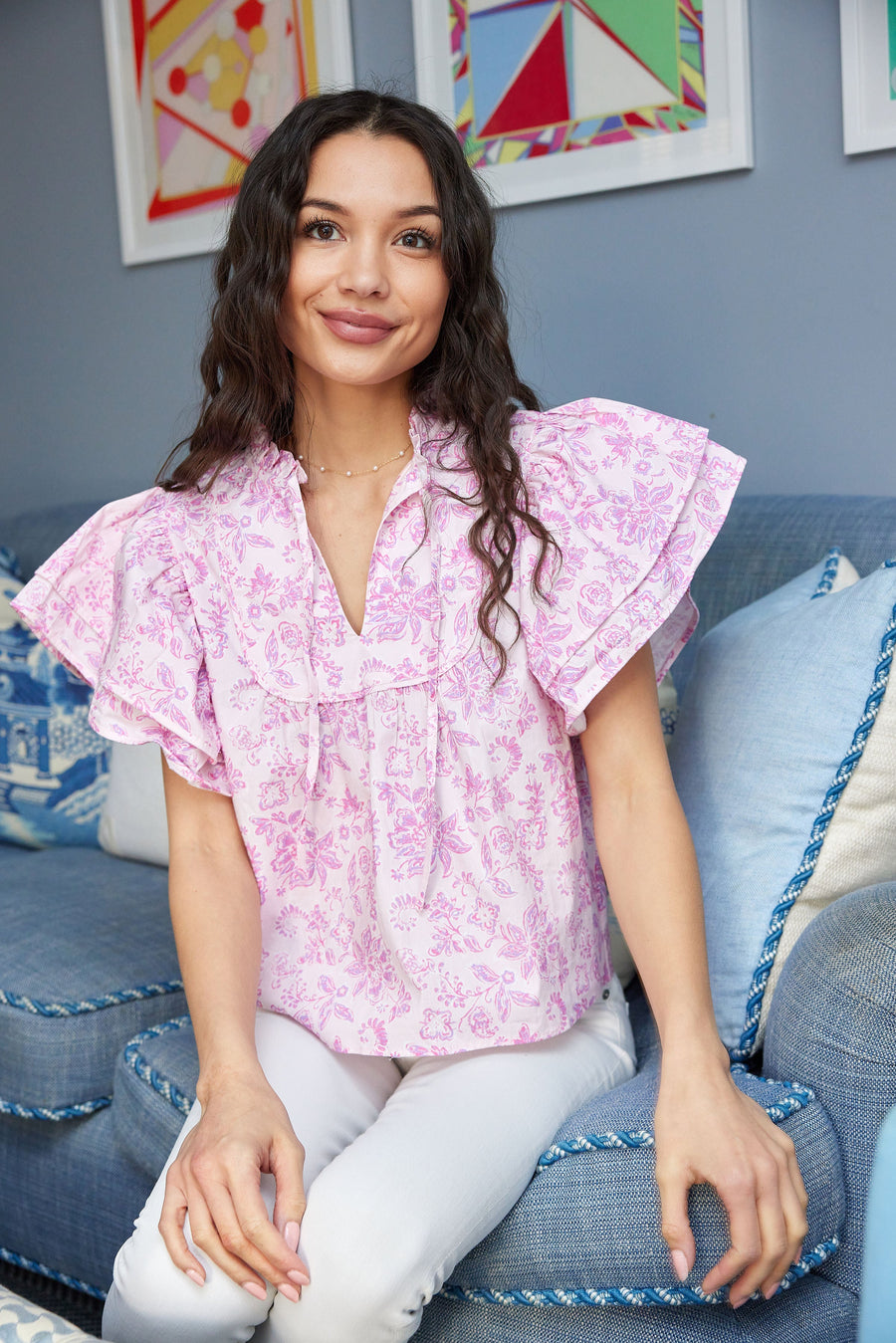 Pink Baroque Floral Ruffle Sleeve Top