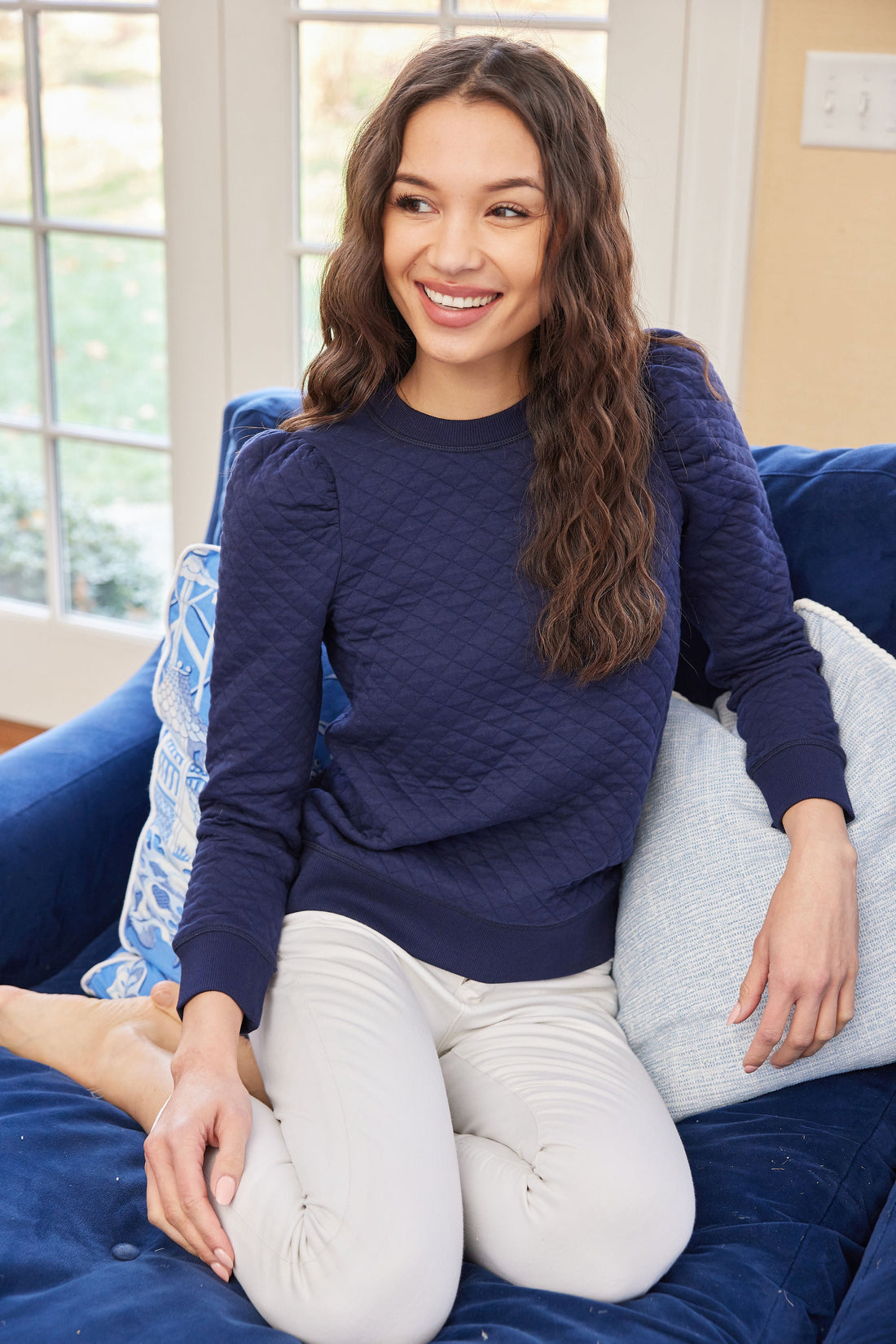 Navy Quilted Puff Sleeve Sweatshirt